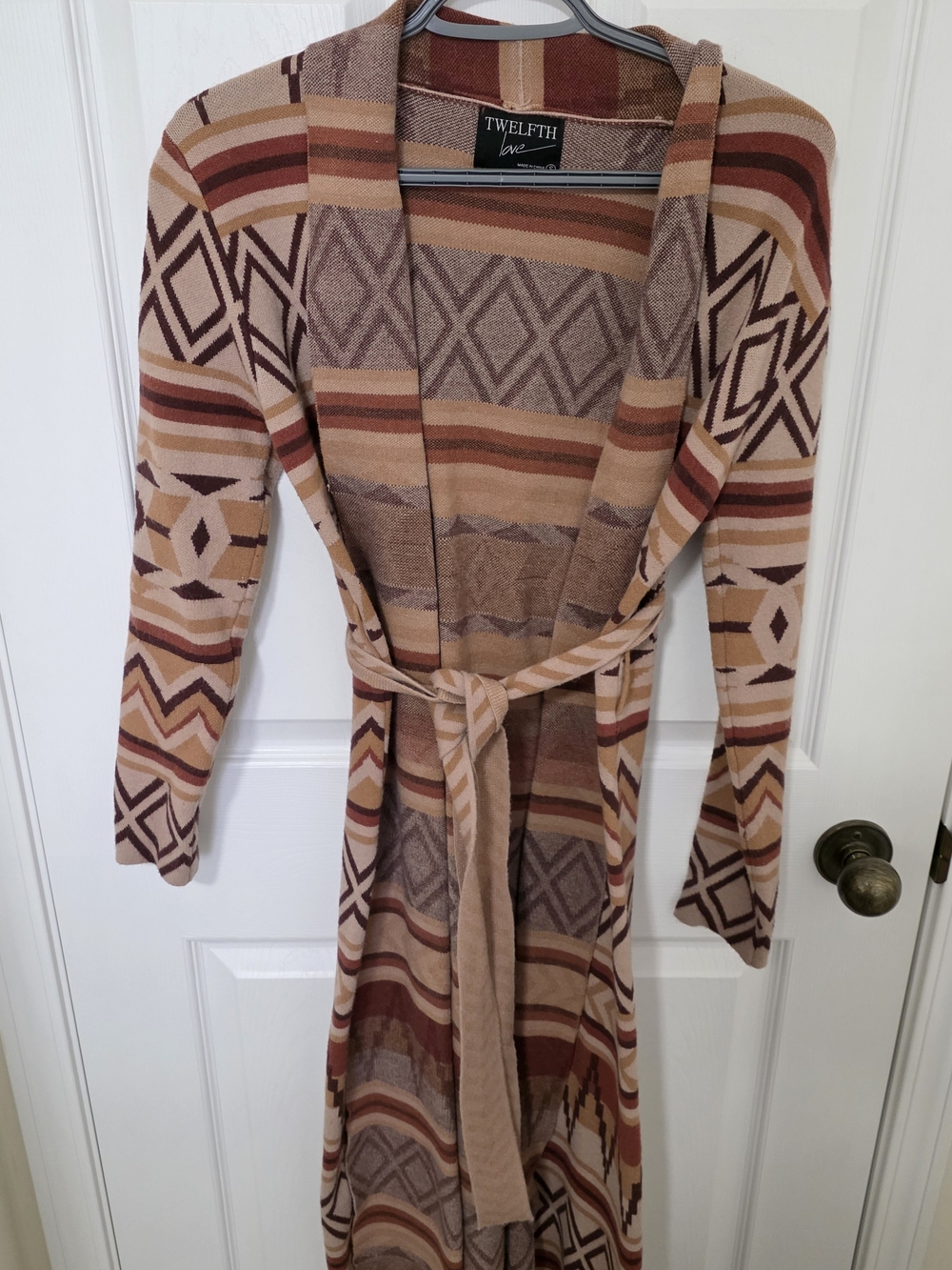 Twelfth Love Women's Long Open Tie Cardigan Sweater - Tan Multi